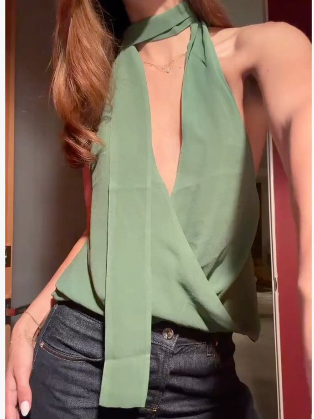 NWT Venroy Silk Twist Plunge Top Ivy Green Halter Quiet Lux